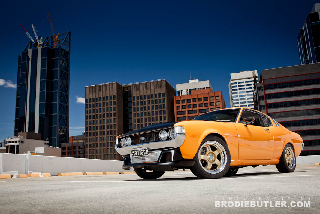 1977 Toyota Celica on a rooftop for Perth Street Car Magazine